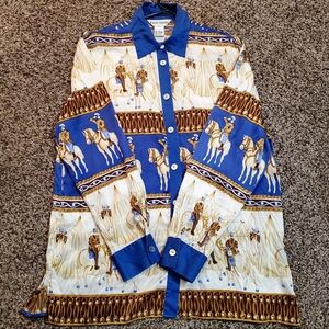 Vintage Paolo Santini 100% Silk Button Long Sleeve Soldiers Horses Women No Size
